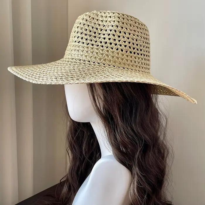 Chapeau de paille à large bord pour femme style sportif khaki beige protection solaire plage été automne printemps