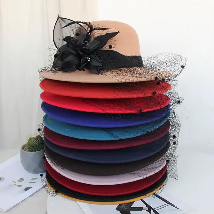 Chapeau en Laine à Grands Bords Hepburn pour Femmes Occasions Spéciales Blanc Gris Gris Foncé Jaune Rouge Vert Armée Noir Vert