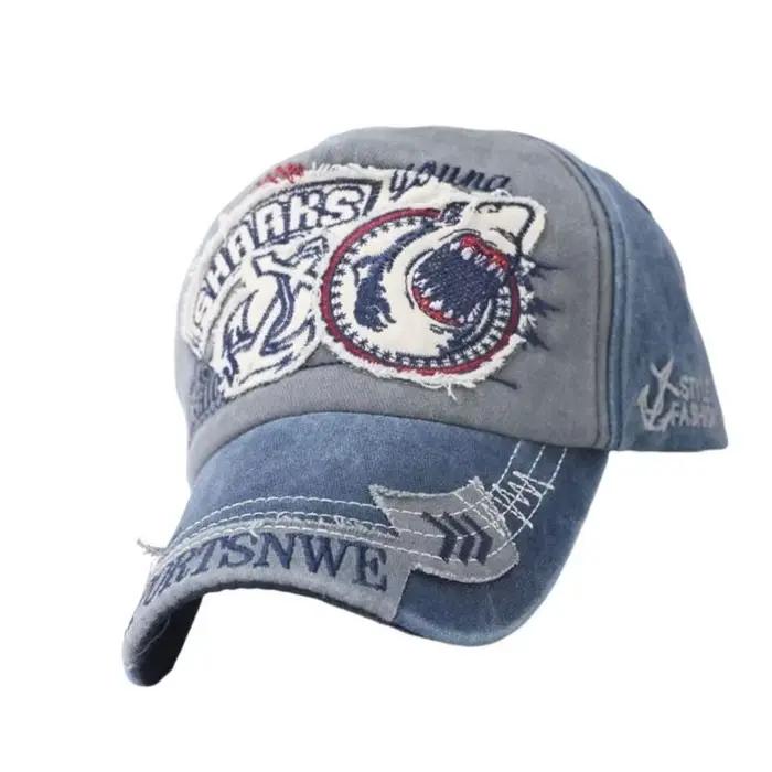 Chapeau Baseball en jean réglable confortable 39BB, broderie requin