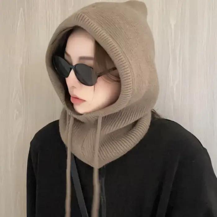 Casquettes à capuche tricotées hiver cagoule chapeaux femmes Style coréen extérieur plus chaud cordon