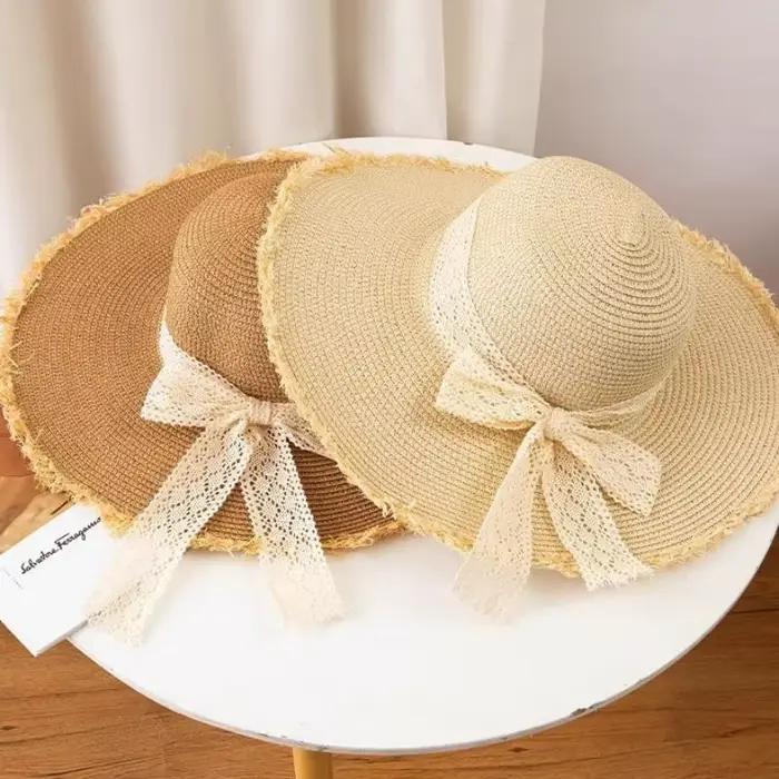 Chapeau de plage en paille surdimensionné pour femme avec nœud