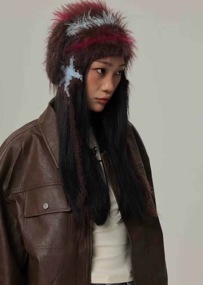 Stripecony cheveux Crochet à main chapeau FUR femmes hiver épaissi chaud tricoté laine casquette froide grande tête