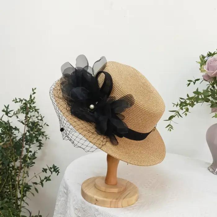 Chapeau de soleil en paille élégant style rétro avec filet anti-UV pour femme