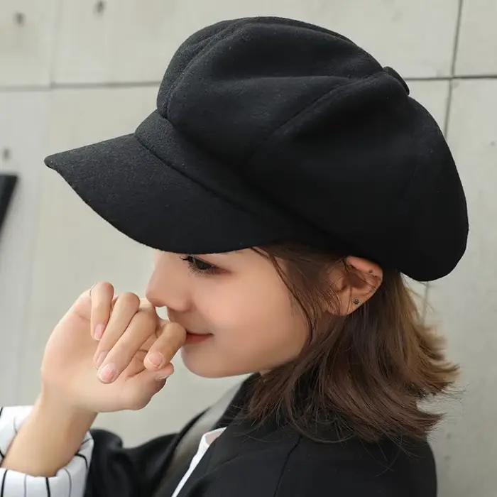Béret chapeau automne hiver chapeaux pour femmes solide plaine casquette octogonale hommes dame décontracté laine