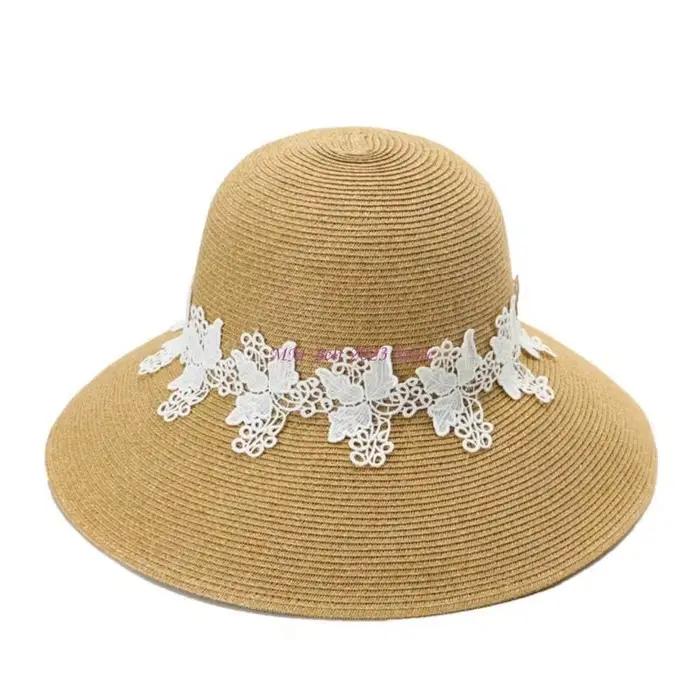 Chapeau en raphia à larges bords à mode 49ME avec design en dentelle complexe