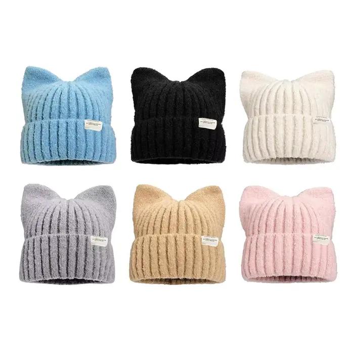 Casquette oreilles de chat mignon automne doux épaissi tricoté chapeaux et hiver chaud Protection