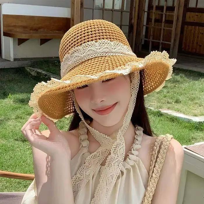 Chapeau de paille à large bord en dentelle pour femme