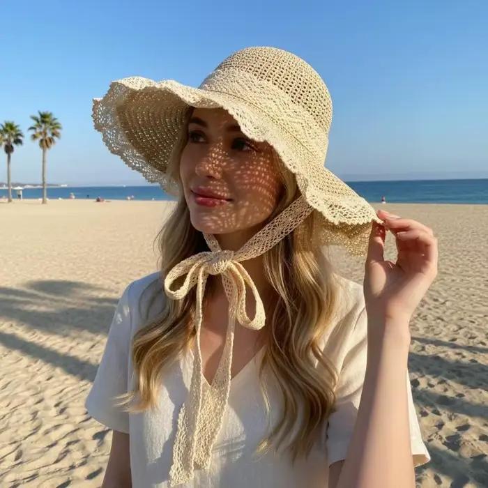 Chapeau de paille à large bord en dentelle pour femme