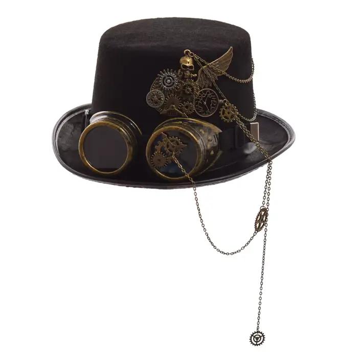 Chapeau haut de forme Steampunk noir unisexe pour femmes et hommes avec lunettes gothiques vintage couvre-chef de fête Cosplay occasions spéciales