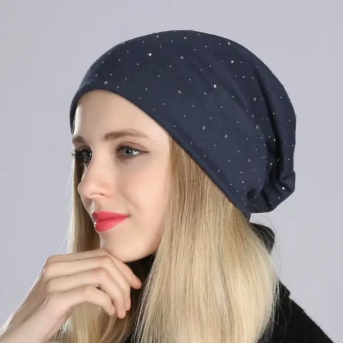 Geebro Bonnet femme avec strass dames printemps couleur unie coton tricoté bonnets amples