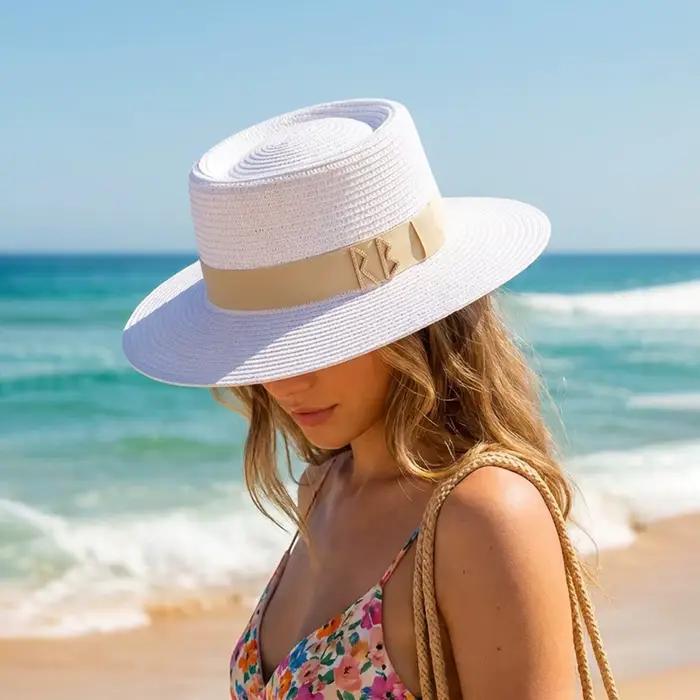 Chapeau de paille à calotte plate style français pour femme