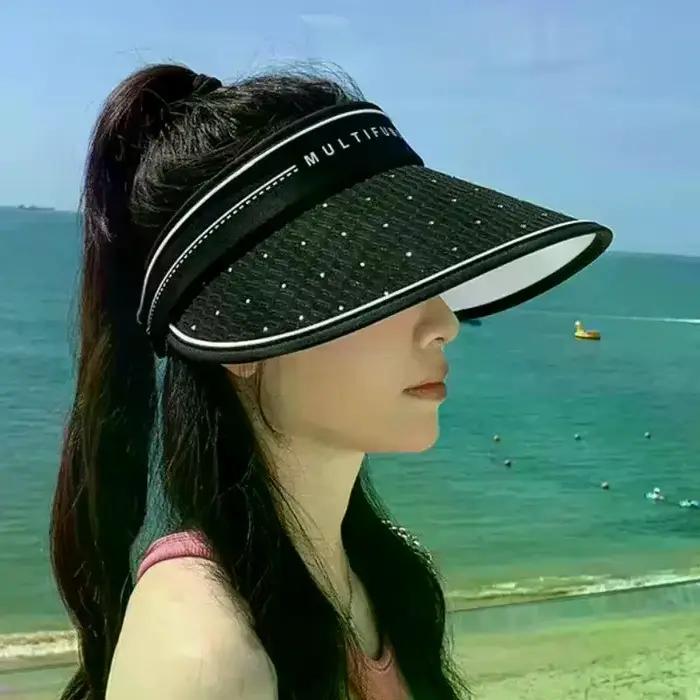 Chapeau pare-soleil à large bord en paillettes protection UV pour femmes idéal pour le golf tennis navigation de plaisance occassions extérieures春夏秋冬四季皆宜女士太阳帽大沿闪钻防紫外线遮阳帽适合高尔夫网球航海
