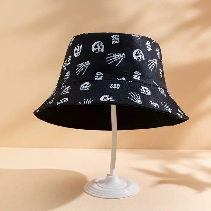 Chapeau de pêcheur réversible à motif rose et crâne imprimé