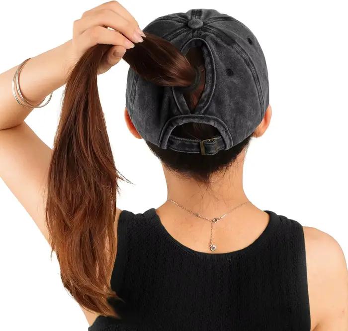 Casquettes pour queue de cheval pour femmes - Casquette de baseball effet vieilli avec trou