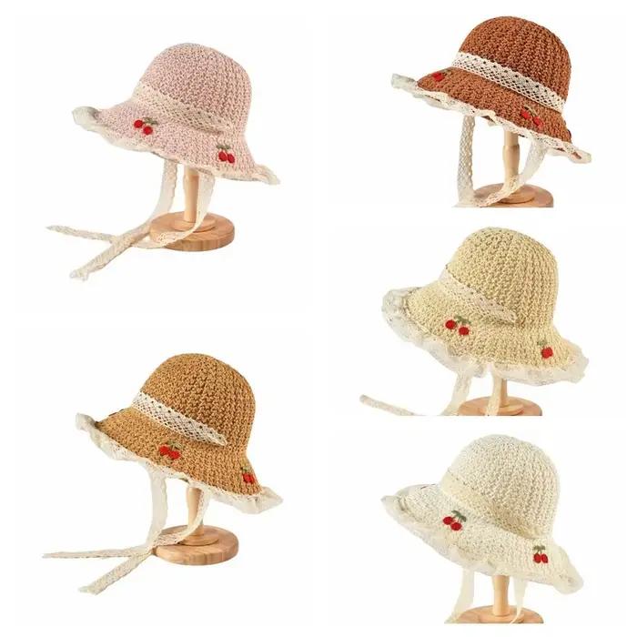 Chapeau de soleil décontracté pour femme brodé cerises style pêcheur pliable pour les vacances été plage ocassions spéciales