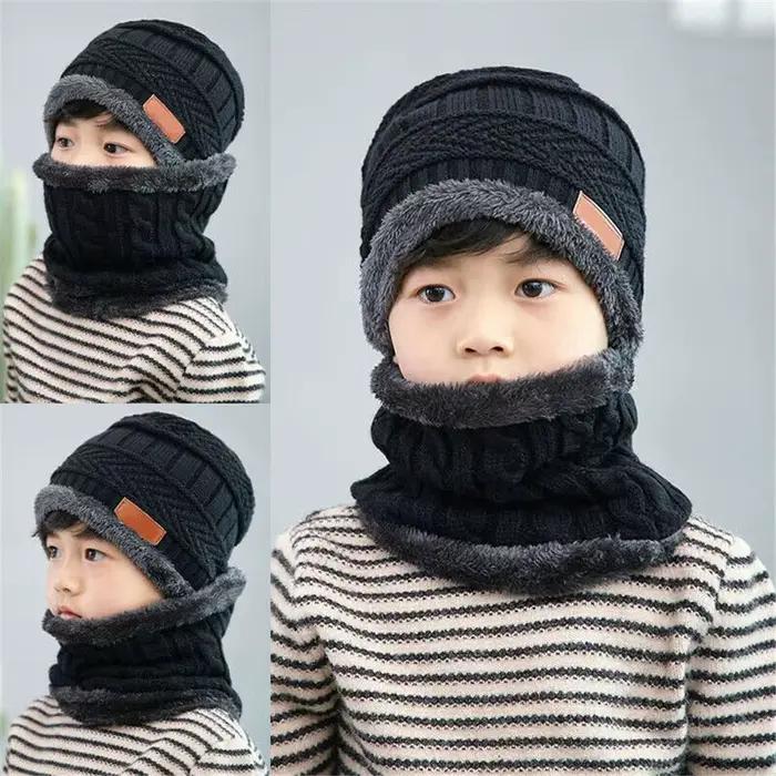 Ensemble bonnet et écharpe de cou pour enfants, cagoule chaude, chapeau chaud, optique Smile With, ski, mode, hiver polyester coton noir rouge bleu marine gris café
