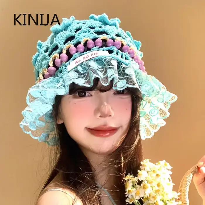 Corée rétro tricoté évider fleur perle chapeau à la main Crochet seau