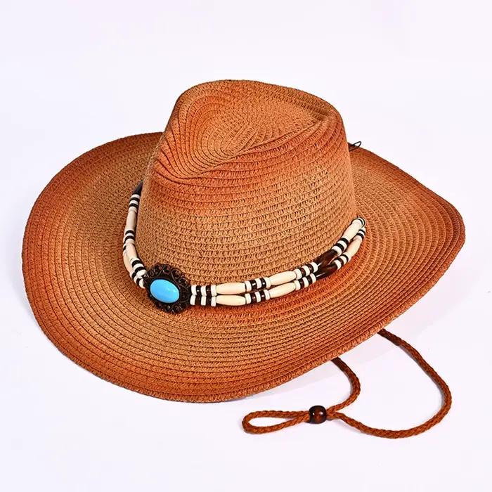 Chapeau de Cowgirl en paille avec ceinture de perles pour hommes et femmes