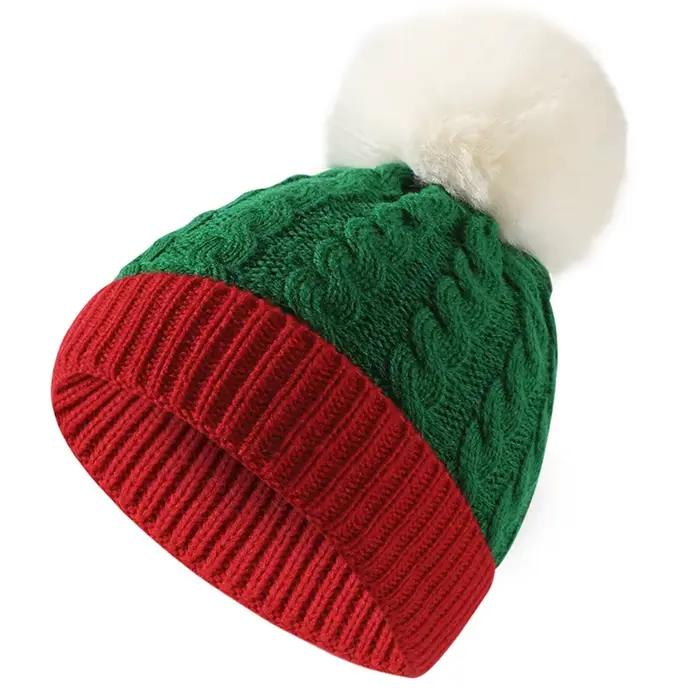 Chapeau tricoté unisexe avec pompons en Patchwork rouge et vert