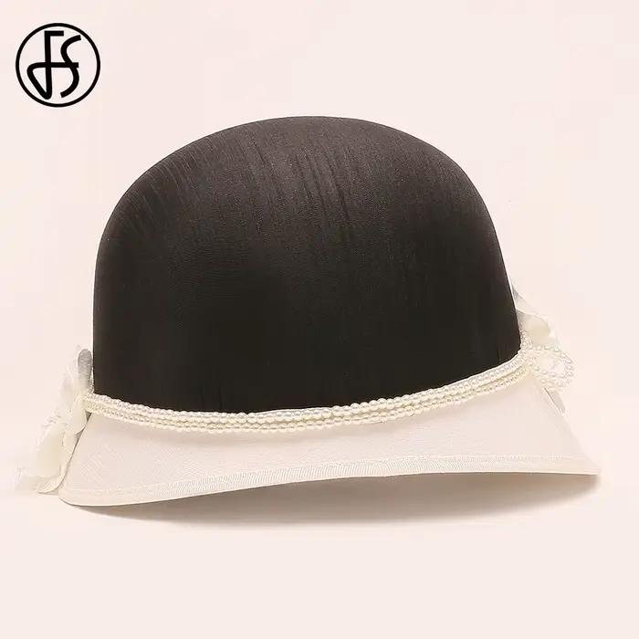 FS élégant blanc noir chapeaux avec fleur britannique haut-de-forme dames Vintage Cocktail casquette de fête de mariage église chapellerie 2025 hiver