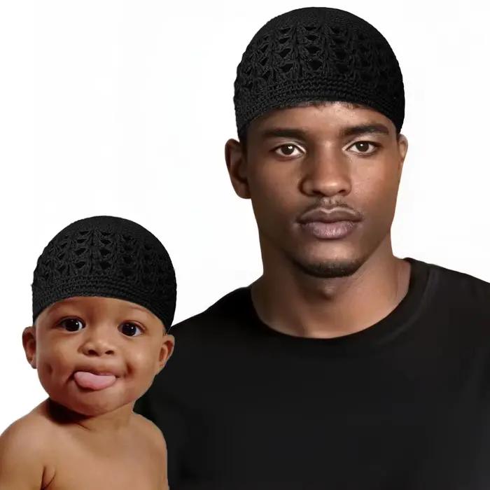 Chapeau Kufi tricoté musulman pour adultes et enfants 2 pièces bonnets Skullies tricotés casquette de crâne Crochet