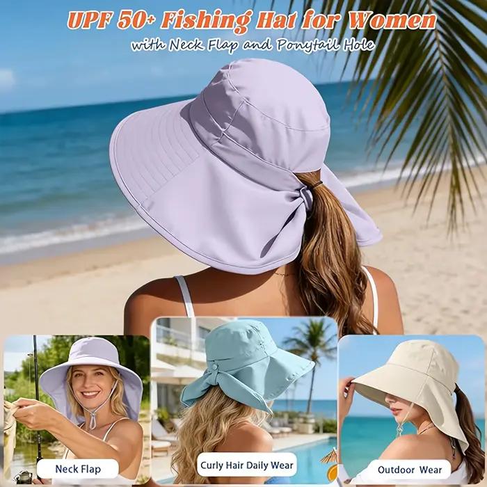 Chapeau de protection solaire pour femme UPF 50+ (large bord avec trou pour queue de cheval)
