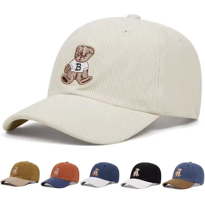 Casquette de baseball en velours côtelé brodée ours mignon pour hommes et femmes en automne et en hiver événements de sports de plein air chapeaux chauds d'hiver décontractés