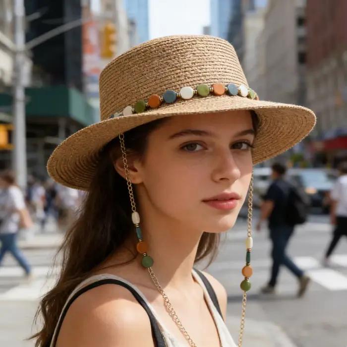 Chapeau de paille d'été à bord plat avec chaîne de pierres colorées