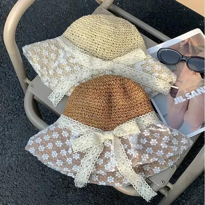 Chapeau de soleil élégant en paille respirant à fleurs pour femme