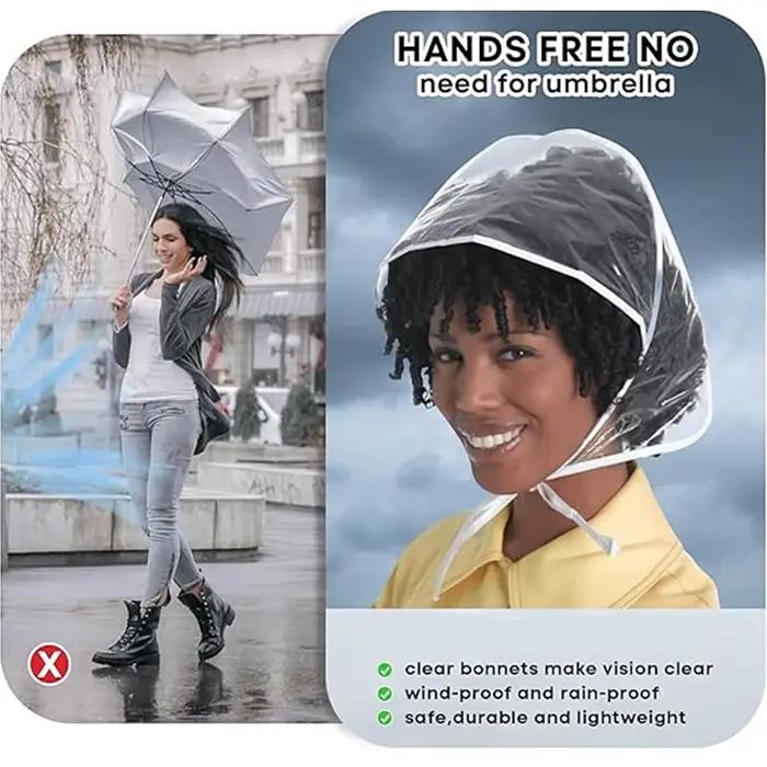 Chapeau de pluie imperméable et réutilisable transparent avec large bord pour femmes