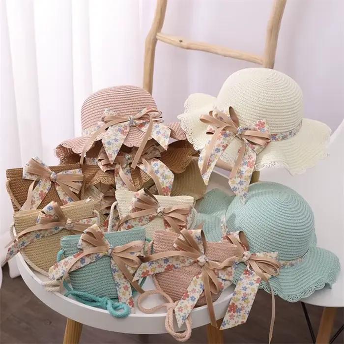 Chapeau de paille et sac à bandoulière pour filles dessin animé ours enfants chapeau de soleil sac ensemble printemps plage chapeaux pour garçon fille enfant bord casquette
