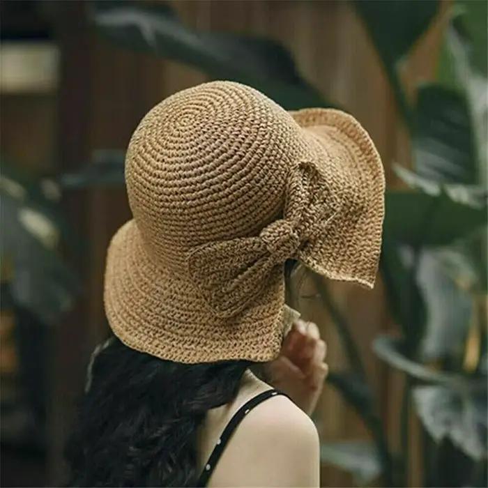Chapeau de paille femme nœud papillon Crochet été bassin
