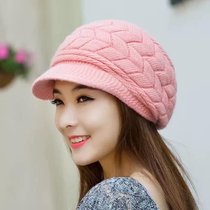 Chapeau tricoté chaud en velours double couche pour femme hiver visière élégante et décontracté à offrir occasions spéciales voyage