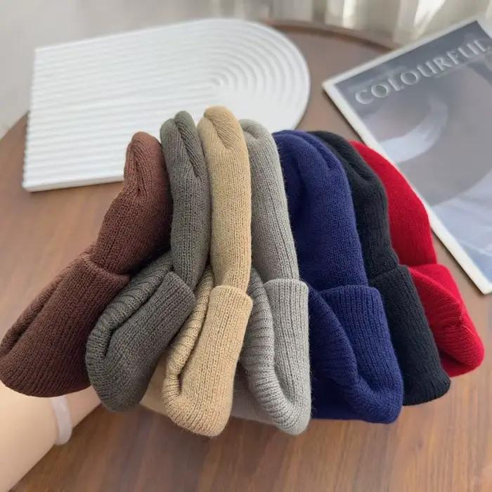 Nouveaux chapeaux tricotés unisexe mode épaissir fourrure doublée bonnet doux avec bord thermique hiver Simple Hip Hop chapeau pour hommes femmes cadeau