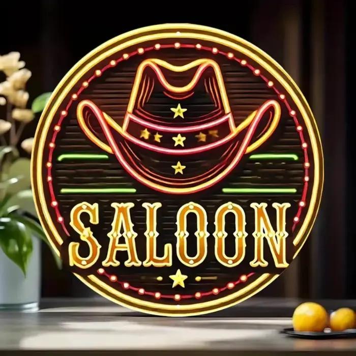 Panneau métallique rond style néon Chapeau de cowboy western