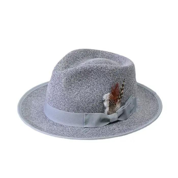 Chapeau de jazz en laine pour hommes gris chaud plumes à la mode casquette