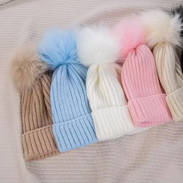 Bonnet Bobble avec Pompon Artificiel pour Bébé Fille et Garçon
