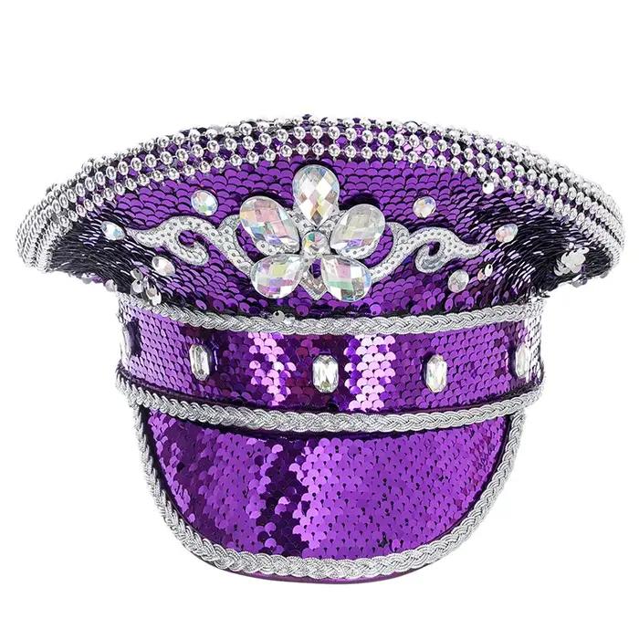 Chapeau militaire gothique avec paillettes violettes et biscuits pour femme
