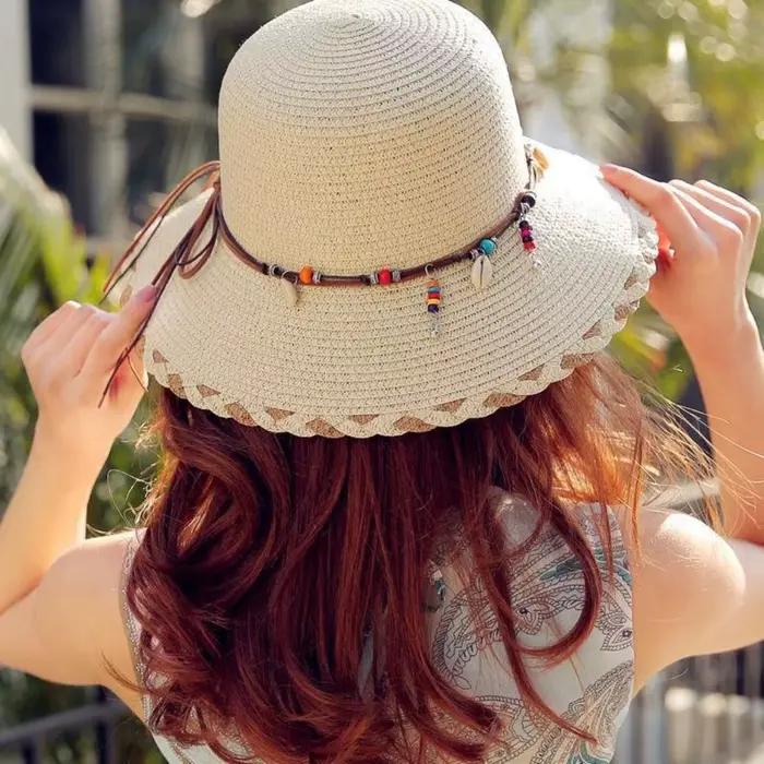 Chapeau de paille bohème style western avec lanière perlée bord large pliable pour femmes printemps été plage voyages chapeau de soleil