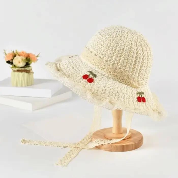 Chapeau de soleil décontracté pour femme brodé cerises style pêcheur pliable pour les vacances été plage ocassions spéciales