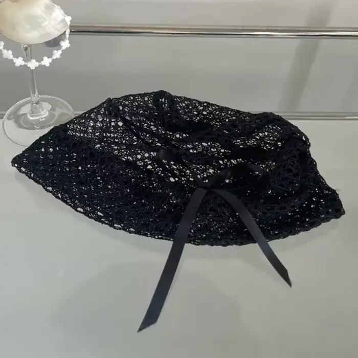 Niche littéraire noir dentelle tricoté chapeaux pour femmes été décontracté polyvalent mode nœud conception creux respirant bonnets casquette