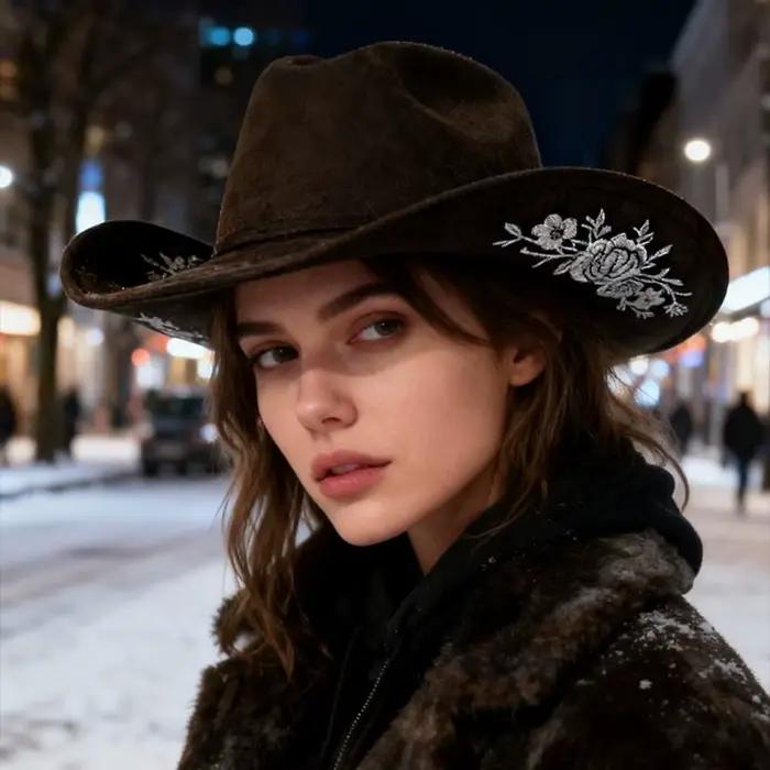 Chapeau haut de forme en feutre brodé à large bord