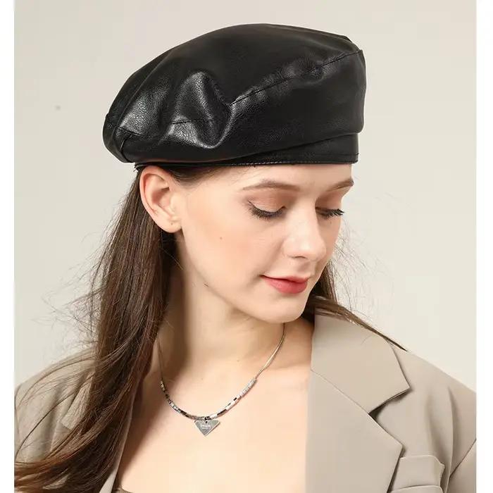 Mode fille en cuir béret bonnet chapeau casquette femmes plaine