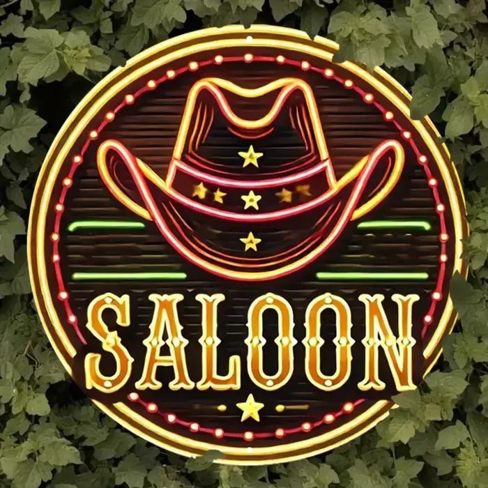 Panneau métallique rond style néon Chapeau de cowboy western