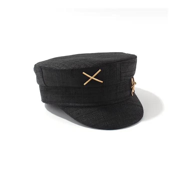 Mode béret RB lettre militaire chapeaux pour femmes voyage décontracté haute qualité noir raphia paille plat haut chapeau concepteur casquette de baseball