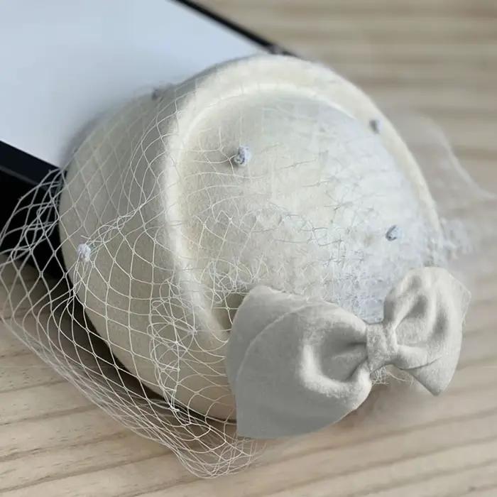 Nouveau chapeau à nœud en laine de cachemire avec voile Style britannique