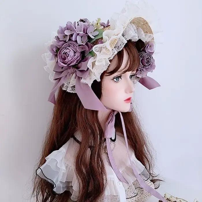 Lolita fleur élégant chapeau plat tissage haut-de-forme
