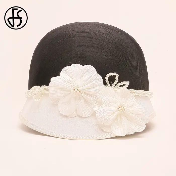 FS élégant blanc noir chapeaux avec fleur britannique haut-de-forme dames Vintage Cocktail casquette de fête de mariage église chapellerie 2025 hiver