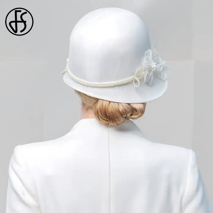 FS élégant blanc noir chapeaux avec fleur britannique haut-de-forme dames Vintage Cocktail casquette de fête de mariage église chapellerie 2025 hiver