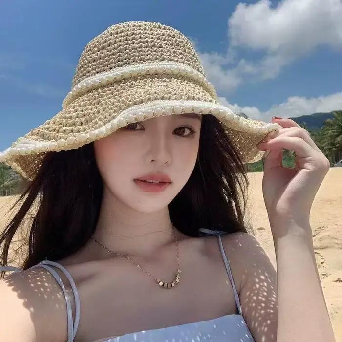Chapeau de paille à large bord en dentelle pour femme